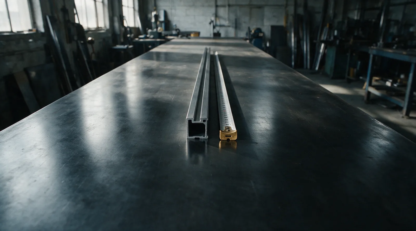 A long steel layout table receding to a vanishing point, a single aluminium bar and a rule laid on the centreline.