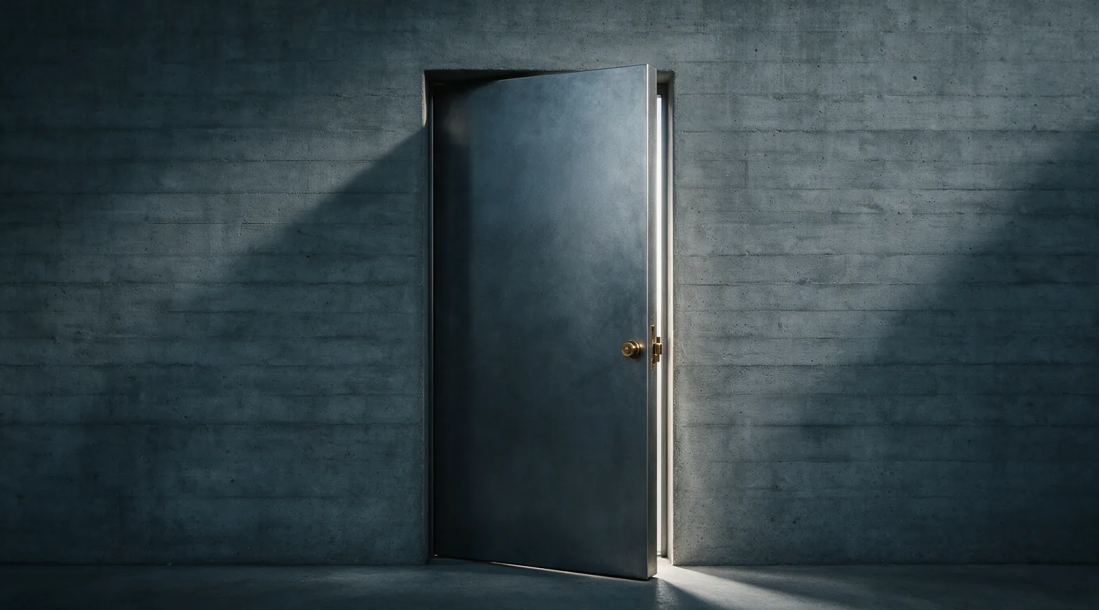A heavy steel door set into a concrete wall, standing slightly ajar with cold light through the gap.